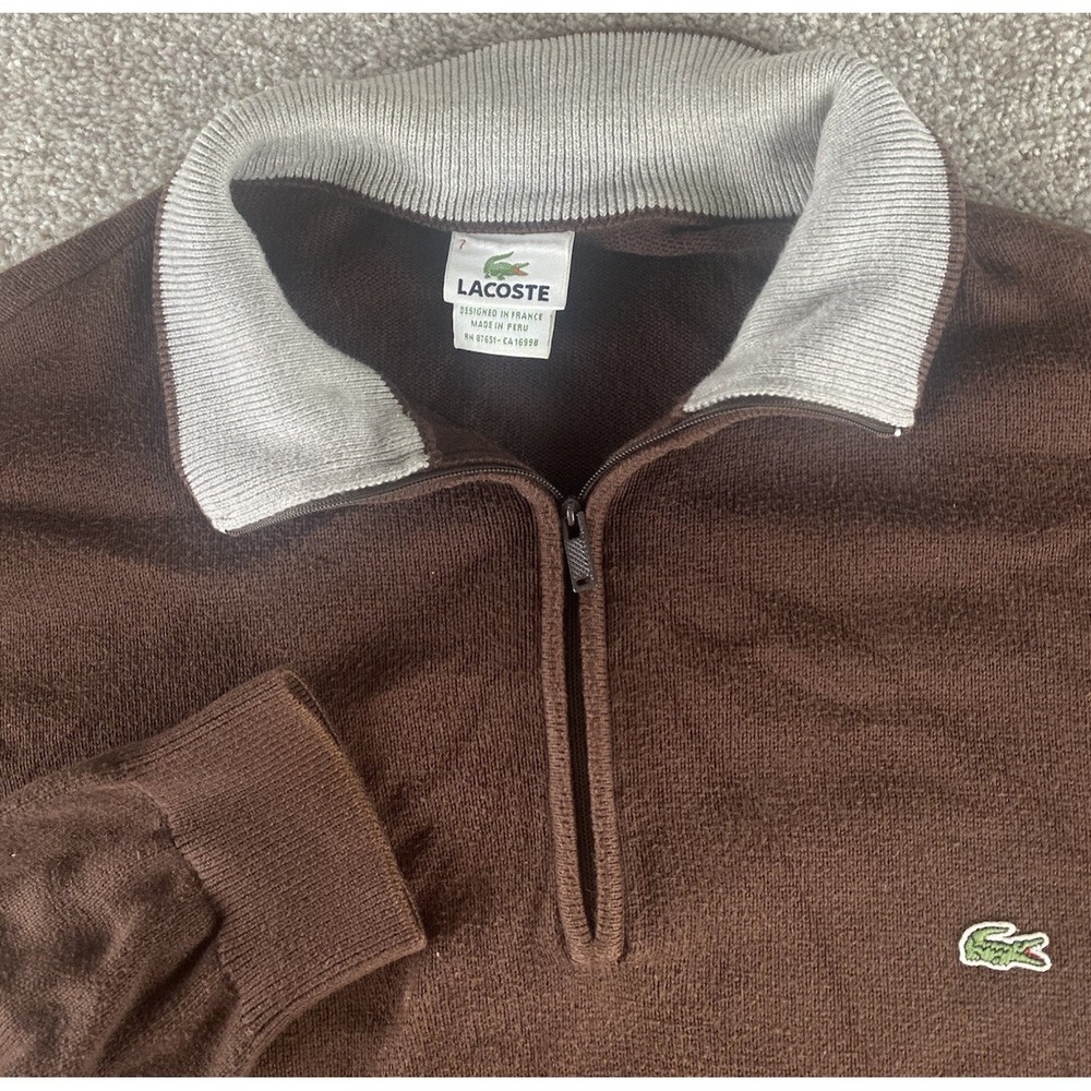 Lacoste 1/4 Zip Pullover Jacket Brown Mens 7 (XL) Cotton Preppy Collar Warm Read